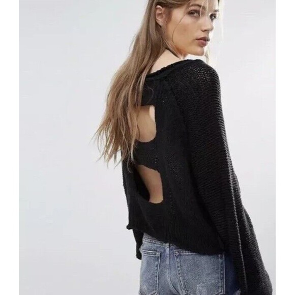 Free People Sweaters - FREE PEOPLE Sweater Small Black Endless Stories Open Back Cropped Bell Sleeve